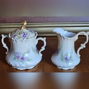 Antique Jean Pouyat Limoges Porcelain Hand Painted Floral Lidded Sugar/Creamer